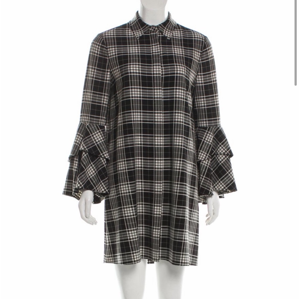 Alice + Olivia Plaid Bell-Sleeve Shirt Dress
